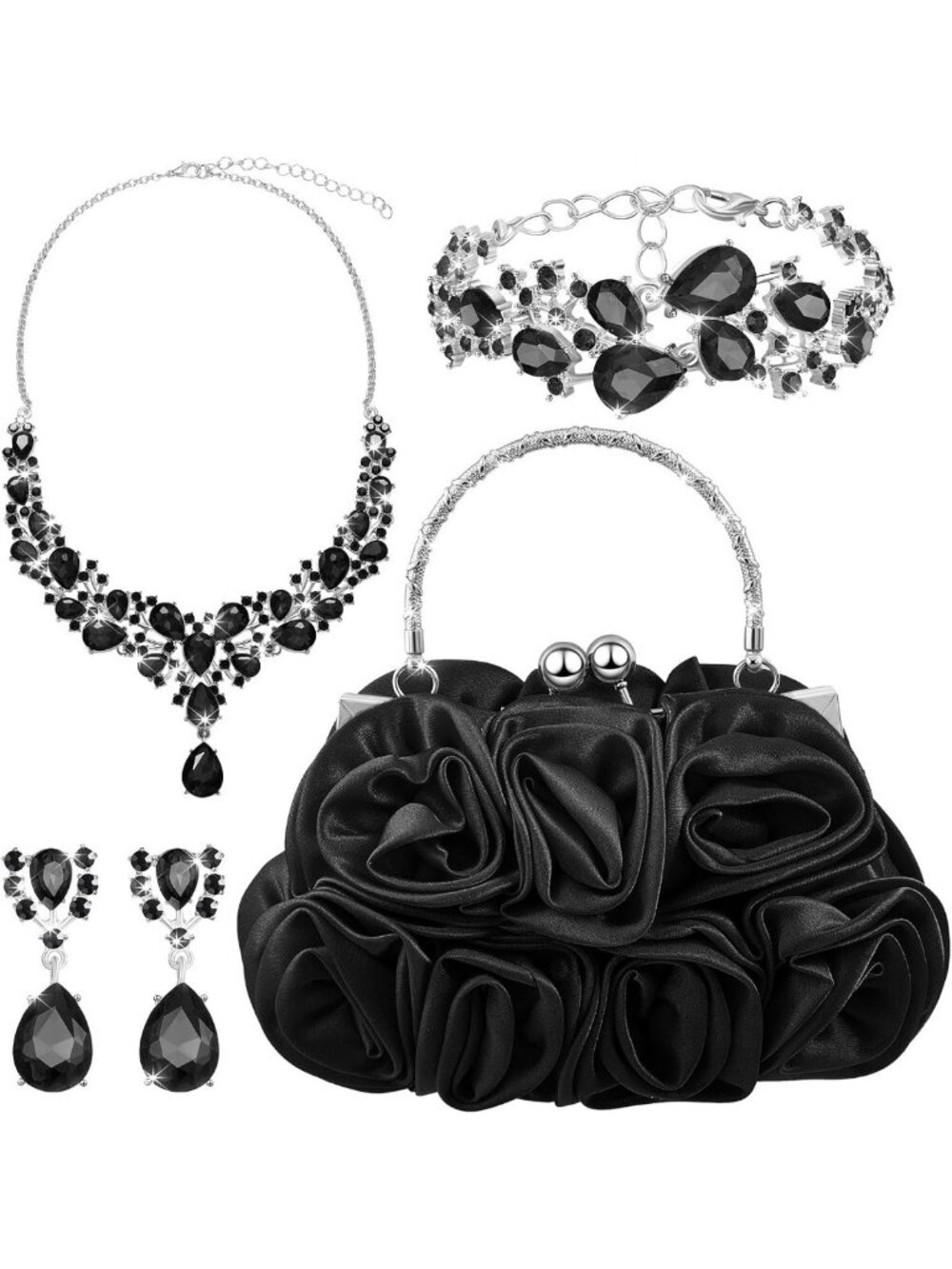 Elegant Flower Clutch & Rhinestone Jewelry Set - Handbag, Necklace, Earrings